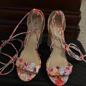 Chunky Floral Lace up Heels